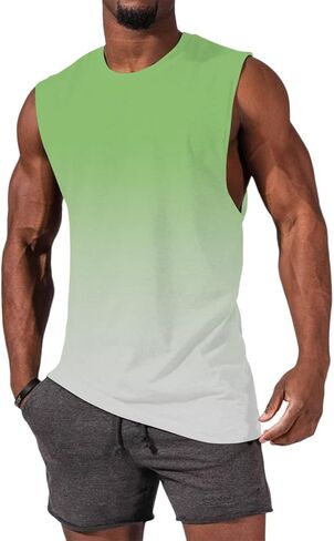 Mens Gradient Shirts Sleeveless Dry Fit Tank Tops Loose Fit Crew Neck Workout Fittness Shirts in Kuwait