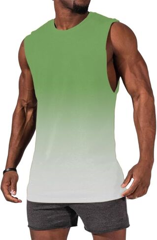 Mens Gradient Shirts Sleeveless Dry Fit Tank Tops Loose Fit Crew Neck Workout Fittness Shirts in Kuwait