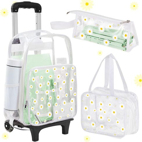 حقيبة ظهر Eccliy مكونة من 3 قطع حقيبة ظهر جمالية شفافة للأطفال مع عجلات مقاس 18 بوصة حقيبة ظهر شفافة بعجلات مع حقيبة غداء وحقيبة أقلام (قلب) in Kuwait