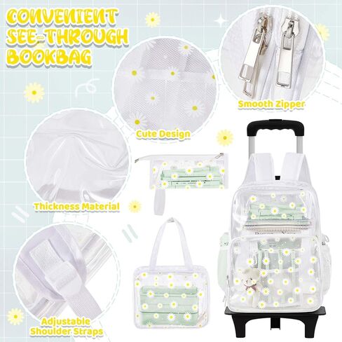 حقيبة ظهر Eccliy مكونة من 3 قطع حقيبة ظهر جمالية شفافة للأطفال مع عجلات مقاس 18 بوصة حقيبة ظهر شفافة بعجلات مع حقيبة غداء وحقيبة أقلام (قلب) in Kuwait