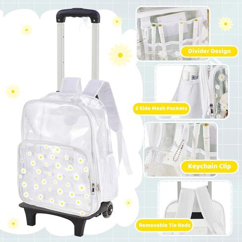 حقيبة ظهر Eccliy مكونة من 3 قطع حقيبة ظهر جمالية شفافة للأطفال مع عجلات مقاس 18 بوصة حقيبة ظهر شفافة بعجلات مع حقيبة غداء وحقيبة أقلام (قلب) in Kuwait