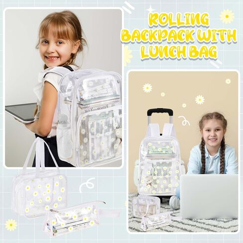 حقيبة ظهر Eccliy مكونة من 3 قطع حقيبة ظهر جمالية شفافة للأطفال مع عجلات مقاس 18 بوصة حقيبة ظهر شفافة بعجلات مع حقيبة غداء وحقيبة أقلام (قلب) in Kuwait