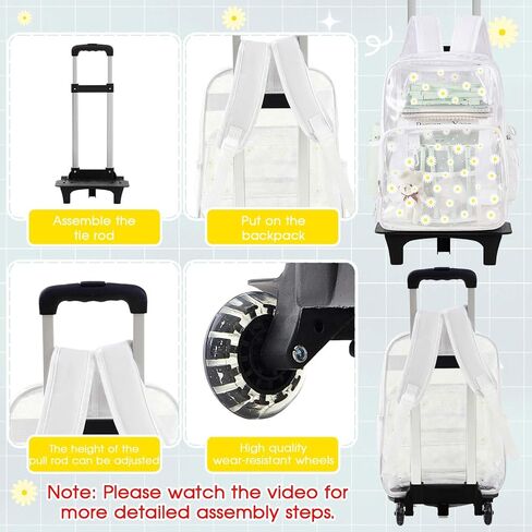 حقيبة ظهر Eccliy مكونة من 3 قطع حقيبة ظهر جمالية شفافة للأطفال مع عجلات مقاس 18 بوصة حقيبة ظهر شفافة بعجلات مع حقيبة غداء وحقيبة أقلام (قلب) in Kuwait