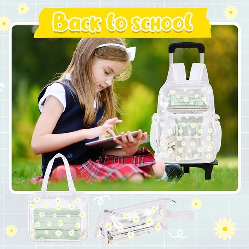 حقيبة ظهر Eccliy مكونة من 3 قطع حقيبة ظهر جمالية شفافة للأطفال مع عجلات مقاس 18 بوصة حقيبة ظهر شفافة بعجلات مع حقيبة غداء وحقيبة أقلام (قلب) in Kuwait