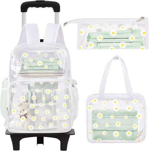 حقيبة ظهر Eccliy مكونة من 3 قطع حقيبة ظهر جمالية شفافة للأطفال مع عجلات مقاس 18 بوصة حقيبة ظهر شفافة بعجلات مع حقيبة غداء وحقيبة أقلام (قلب) in Kuwait