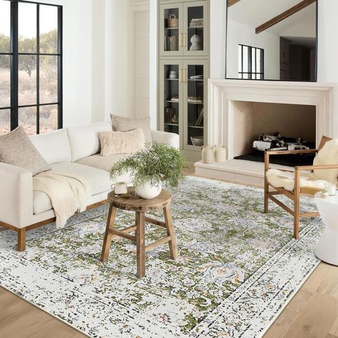 Vintage Floral Washable 8x10 Rug, Boho Large Rugs for Living Room Lightweight Area Rug Indoor Green Print Non Slip Carpet Distressed Bedroom Rugs Dining Room Office in Saudi Arabia