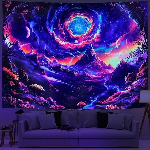 Yuiqear Blacklight Galaxy Space Tapestry UV Reactive Planet Mountain Tapestry Trippy Plant Floral Wall Tapestry Mysterious Starry Sky Tapestry Wall Hanging for Bedroom Decor in Saudi Arabia