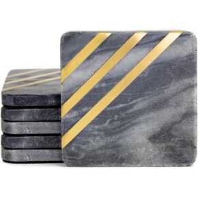 Cork & Mill Grey Marble Coasters Set of 6 - Real Natural Stone Gray and Black Coasters for Drinks - Luxury Aesthetic Modern Coasters - Black and Gold Semi Absorbent Stone Coasters