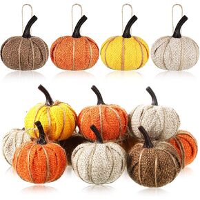 Fall Pumpkin Hanging Ornament Mini Burlap Fabric Thanksgiving Pumpkin Hanging Tree Ornaments for Fall Thanksgiving Halloween Christmas Party Tree Mantel Wall Home Decor Crafts(Bright Color,12 Pcs)