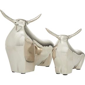 CosmoLiving by Cosmopolitan Aluminum Metal Bull Decorative Sculpture Home Decor Statues, Set of 2 Accent Figurines 11", 8"H, Silver