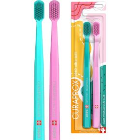 Curaprox CS 5460 Ultra-Soft Solar Powered Toothbrush, Happy Lil Teeth Special Edition, Pack of 2, Black/White