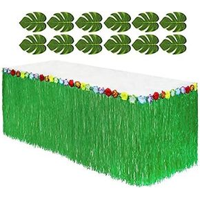 Adorox 12 pc Tropical Green Leaves Included 1 Hawaiian Luau Hibiscus Brown Table Skirt (9 ft)