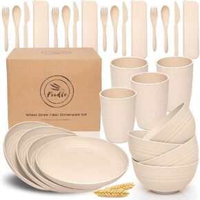 FOODLE Wheat Straw Dinnerware Sets for 4 - Lightweight & Unbreakable Dishes - Microwave & Dishwasher Safe - Perfect for Camping, Picnic, RV - Kids Plates and Bowls Sets - College Dorm Room Essentials