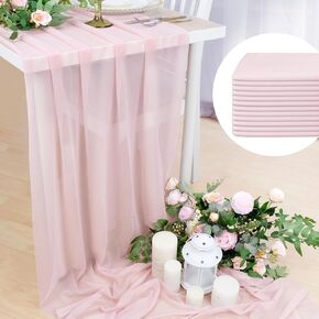 Babenest 5pcs Dusty Rose Gauze Table Runners, 13ft Boho Rustic Chiffon Like Sheer Runner, 31x160 Inches Long Tulle Fabric for Bridal Baby Shower, Wedding, Party, Christmas Decorations