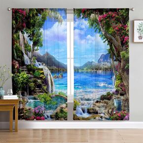 Beautiful Nature Waterfall Landscape Scenery Pattern Light-Filtering Curtains,Romantic Floral River Falls Background Style Window Curtains for Bedroom Living Room, 42" × 84", Set of 2 Panels