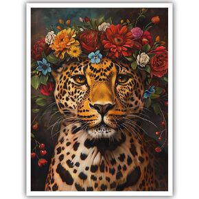 Maximalist Decor Posters Vintage Leopard Prints Floral Wall Art Fun Colourful Wall Art Decor Eclectic Animal Wall Art Portrait Canvas Prints for Nursery Bedroom Office Home Decor 12x16inch Framed
