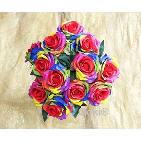12 Long Stem Artificial Silk Rainbow Rose Flower Bush Bouquet for DIY Any Arrangement Home Decor Wedding Party Celebration