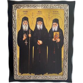Handmade Greek Christian Orthodox Wood-Metallic icon of Saint Porphyrios - Saint Paisios - Saint Iakovos Tsalikis (24 X 19cm or 9.4 X 7.5 in) Solid Wood