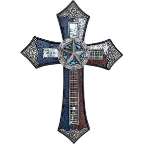 Red White & Blue Silver Star Texas Wall Cross with Mirrored Tiles - Jesus Spiritual Art Sculpture