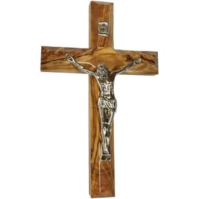 Bethlehem Gifts TM Bethlehem صليب جداري من خشب الزيتون مع صليب فضي (6 بوصات)