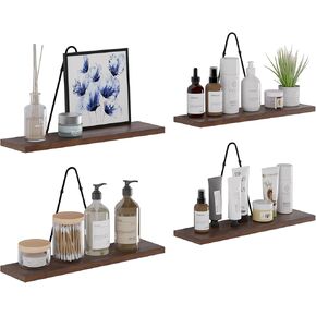 Rustic State Moma Wall Mounted Narrow Decorative Floating Shelves with Triangle Brackets - Picture Ledge, Display for Collectibles Memorabilia Awards Objects Toiletries - Set of 4 - Walnut