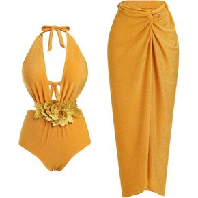 Women One-Piece Swimsuit with Cover up Wrap Skirt Sarong Bathing Suit Beach Outfit Summer
