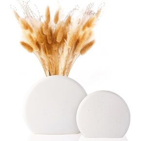 ZENS Rustic Ceramic Vase Set of 2, Minimalist Off-White Boho Pampas Flower Vase, Matte Grainy Texture Bookshlef Vases for Ins Style Home Decor Living Room Table Centerpiece