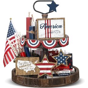 13 Pieces 4th of July Tiered Tray Decor Patriotic Table Decor Wood Signs Independence Day Decorations for Memorial Day American Star Red White Blue Farmhouse Home Party (Star)