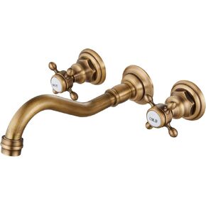 Midanya Bathroom Widespread Sink Faucet Wall Mount 3 Holes 2 Cross Knobs Brass Lavatory Basin Mixer Tap Mixing Spout Double Handles Commercial Antique Brass with Hot Cold Signs