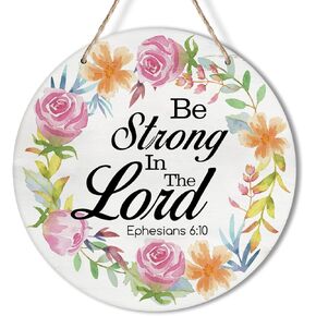 علامة yuzi-n be strong in the Lord إكليل للباب الأمامي، علامة دائرية مقاس 10 بوصات لأكاليل الزهور، إكليل خشبي مستدير من الخشب المقدس معلق على شكل لوحة خشبية لباب الباب ديكور جدار المنزل المسيحي in Kuwait