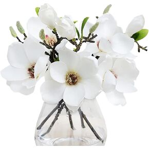 5 Pack Artificial Magnolia Flowers Realistic Silk Magnolia with Green Leaves Real Touch Magnolia Bouquet for Wedding Home Office Table Centerpiece Decor