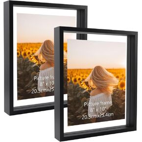 WIFTREY 2 Pack 8x8 Black Floating Picture Frames,for 6x6 up to 10x10 Full Display Photo, Double Glass 8 x 8 Wood Square Frame for Wall Hanging or Tabletop
