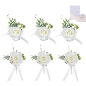 RECUTMS الصدار وBoutonniere مجموعة المعصم الصدار العاج العروس العريس العروة مع 1 بطاقة روز سوار المعصم لحفل زفاف حفلة موسيقية الذكرى السنوية الزهور الملحقات (أبيض)