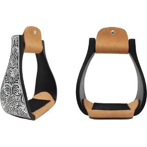 CHALLENGER 4-7/8" Wide Western Black Engraved Aluminum Horse Bell Stirrups Black 51178