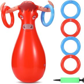 Inflatable Bull Ring Toss Game Set Include 1 Inflatable Bull, 6 Pcs Inflatable Rings for Kids Adults Fiesta Rodeo Cowboy Party Supplies Pool Beach Decoration