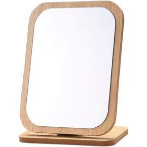 Oval Compact Table Mirror Standing Wood Framed Mirror Desktop Mirror 90 Degree Rotating Mirror for Makeup Cosmetic