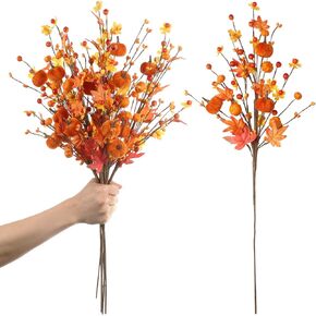 RoseCraft 4PCS Fall Decor, 19.5Inch Artificial White Berry/Maple Leaf/Pumpkin Floral Stems Fall Branches Decorations, for Autumn Weeding Birthday Holiday Harvest Home Vase Arrangement Indoor Decor.