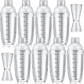 10 Pcs Plastic Cocktail Shaker Set, Including 8 Pcs 24 oz Clear Drink Shaker Drink Mixer Boba Tea Shaker 2 Pcs Cocktail Jigger Plastic Double Measuring Jigger for Bar Coffee