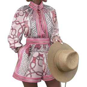Women's Boho Print Long Sleeve Button Up Top with High Waisted Shorts Sets 2 Piece Outfits