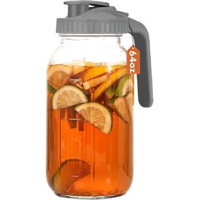 Mason Jar Pitcher With Lid and Spout, 32 OZ Glass Milk Pitcher for milk, Thick Glass Jug Sun Tea Pitcher, Drinks Container, Mason Jar Pour Spout Lid with Wide Mouth for Fridge(1Pack,Black)