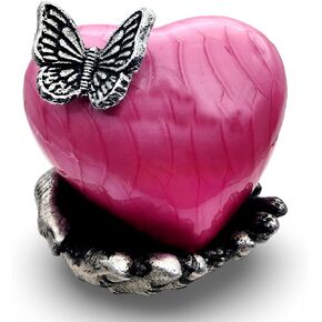 Pink Butterfly Heart Cremation Urn for Ashes with Hand shape stand Memorial Humans Keepsake for Women and Men