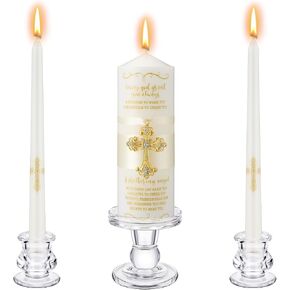 Baptism Candle Set of 3 with Candle Holder, Baptismal Pillar Candles for Boys Girls Religious Celebration, Christening, Special Events Catholic Bible Religious Wedding Baby Shower(Gold)