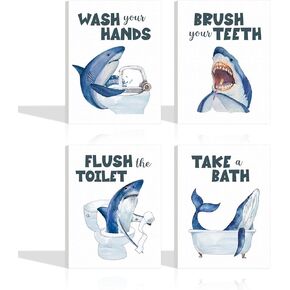TOARTi Funny Shark Framed Canvas Bathroom Toilet Wall Decor (Set of 4, 8 x 10 inches), Ocean Blue Shark Bathroom Rules Art Print for Nursery Kids, Wash Brush Flush Bath Sign Poster