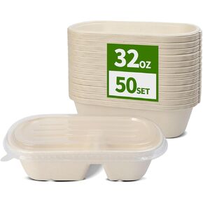50 Pack 32 oz Paper Bowls with Lids for Salad, Pasta, Nacho, Burrito, Deep Large Paper Meal Prep Containers with Lids Take Out Food Containers (50 Bowls 50 Lids)