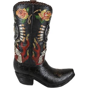 Ebros Rustic Western Roses Dual Revolvers Six Shooters Pistols and Bull Cow Skull Cowboy Cowgirl Boot Decorative Figurine Or Floral Vase Planter Tooled Leather Finish Table Shelf Countertop Accent