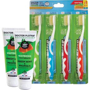 MOUTHWATCHERS Dr Plotkas Extra Soft Flossing Toothbrushes and Whitening Toothpaste Manual Soft Toothbrushes for Adults | Natural Toothpaste | Pack of 2 Toothbrushes and 1 Toothpaste, Colors May Vary