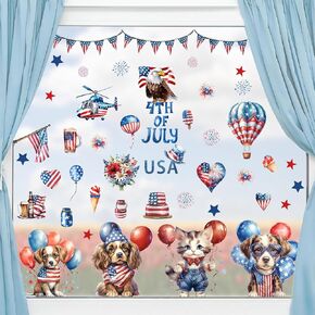 132 قطعة من ملصقات النوافذ في الرابع من يوليو، ملصقات نافذة يوم الاستقلال الوطني، ملصقات لطيفة على شكل قطط وكلاب، ملصقات نافذة على شكل نجمة للألعاب النارية على شكل زهور لتزيين النوافذ الزجاجية، لوازم الحفلات 9 أوراق in Kuwait