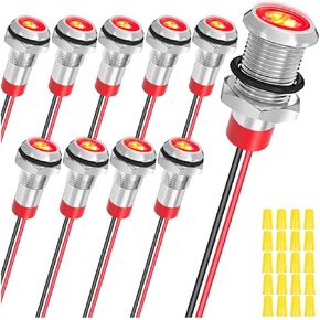 10Pcs AC/DC12-24V LED Indicator Lights 1/4"(6mm)Waterproof Flat Head Indicator Signal Lamp 5Color(Red/Yellow/Blue/Green/White)with 150mm Cable Length Metal LED Indicator Light and Wiring Cap MKBKLLJY