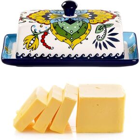Ceramic Butter Dish with Lid Bohemia Hand Drawn Butter Plate Tray with Cover for Cheese Vintage Cheese Container Holder European-Style Butter Keeper for Home Kitchen 7.9 x 4.5 x 3.1 Inches (2)