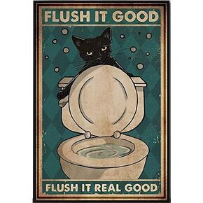 Tin Sign Flush It Good Funny Bathroom Black Cat 12x8 Inch